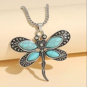 🆕NIP:Vintage👀Southwestern Turquoise DragonFly Statement Necklace w/Snake Chain